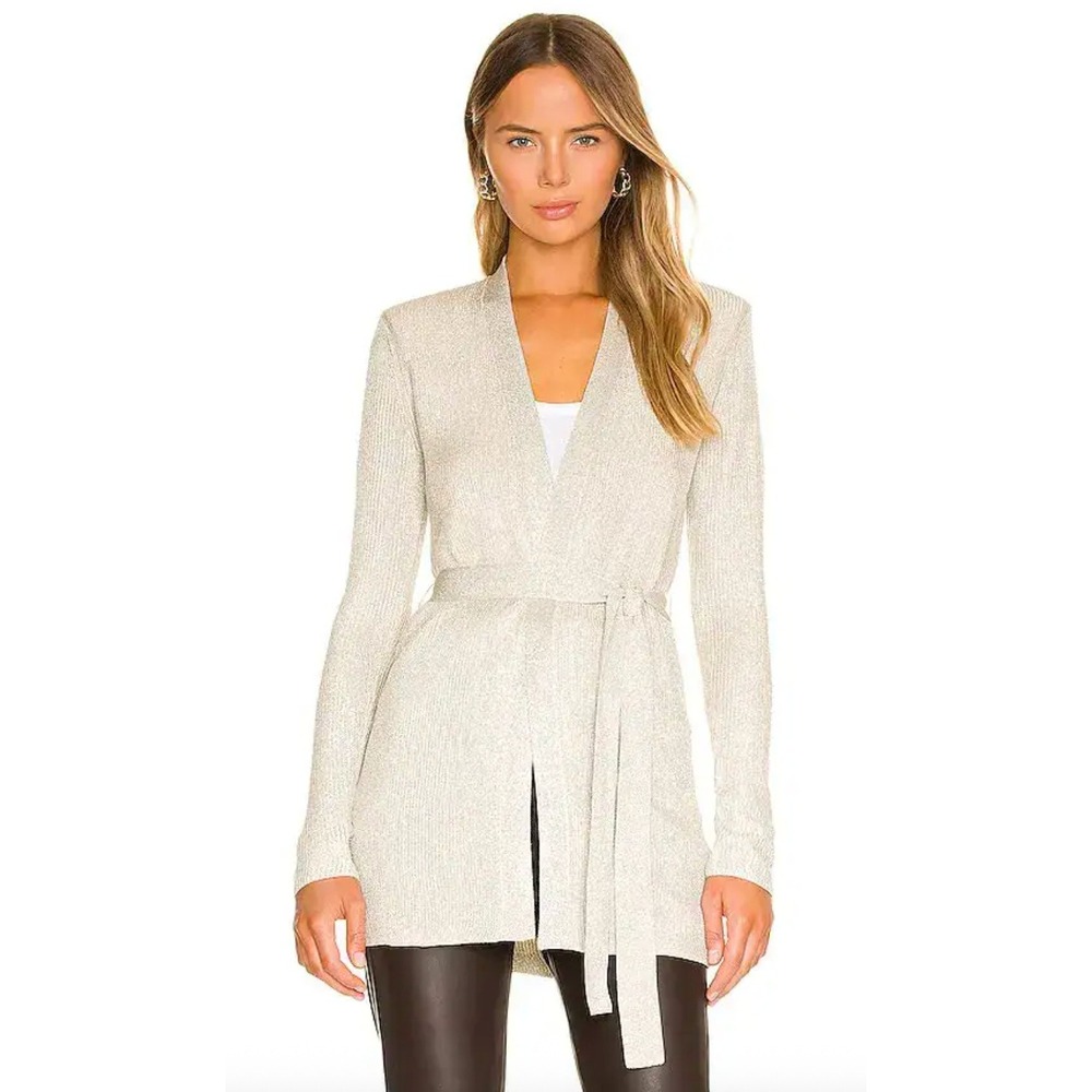 L'AGENCE Rhea Tie Knit Cardigan in Neutral Metallic Champagne Belted Large
